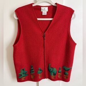 Susan Bristol Hand Embroidered Wool Sweater Vest  Vintage Topiary Bunny Cottage